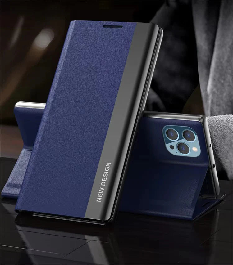 Luxury iPhone Case — Leather Flip Cover with Plating Book-Style Design, Kickstand Holder, Shockproof Protection and Anti-Fingerprint Matte Finish