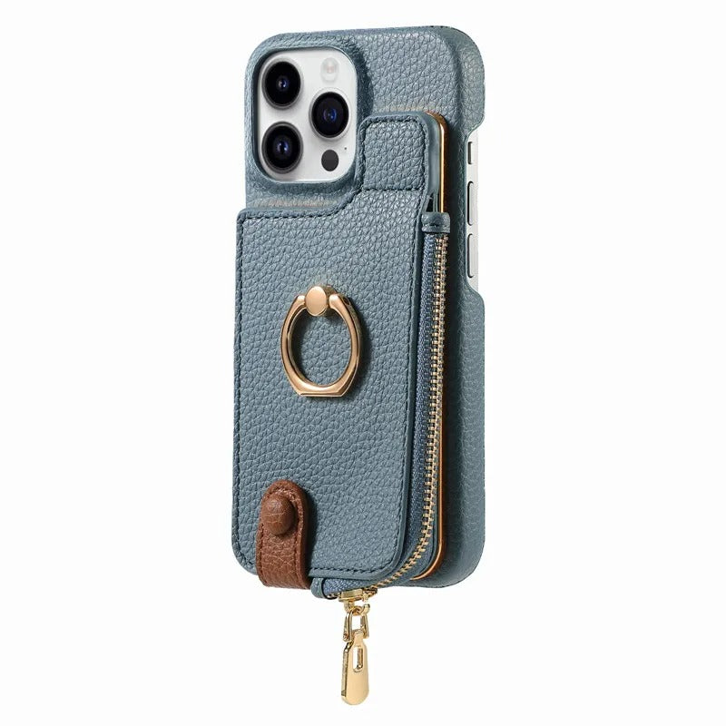 Luxury iPhone Case — Leather Zipper Wallet Cover with Card Holder Slot, Ring Kickstand, Magnetic Closure, Shockproof Drop Protection and Anti-Fingerprint Design