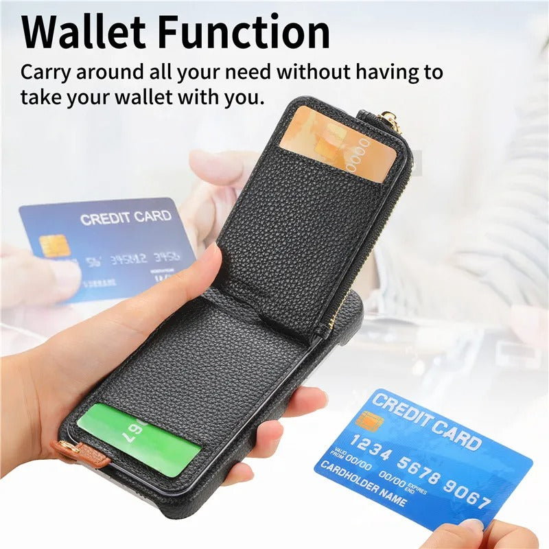 Luxury iPhone Case — Leather Zipper Wallet Cover with Card Holder Slot, Ring Kickstand, Magnetic Closure, Shockproof Drop Protection and Anti-Fingerprint Design