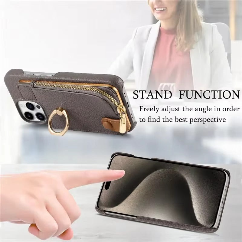 Luxury iPhone Case — Leather Zipper Wallet Cover with Card Holder Slot, Ring Kickstand, Magnetic Closure, Shockproof Drop Protection and Anti-Fingerprint Design