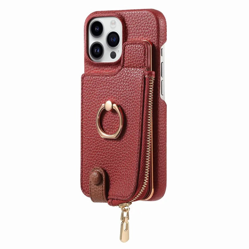 Luxury iPhone Case — Leather Zipper Wallet Cover with Card Holder Slot, Ring Kickstand, Magnetic Closure, Shockproof Drop Protection and Anti-Fingerprint Design