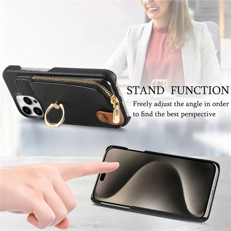 Luxury iPhone Case — Leather Zipper Wallet Cover with Card Holder Slot, Ring Kickstand, Magnetic Closure, Shockproof Drop Protection and Anti-Fingerprint Design