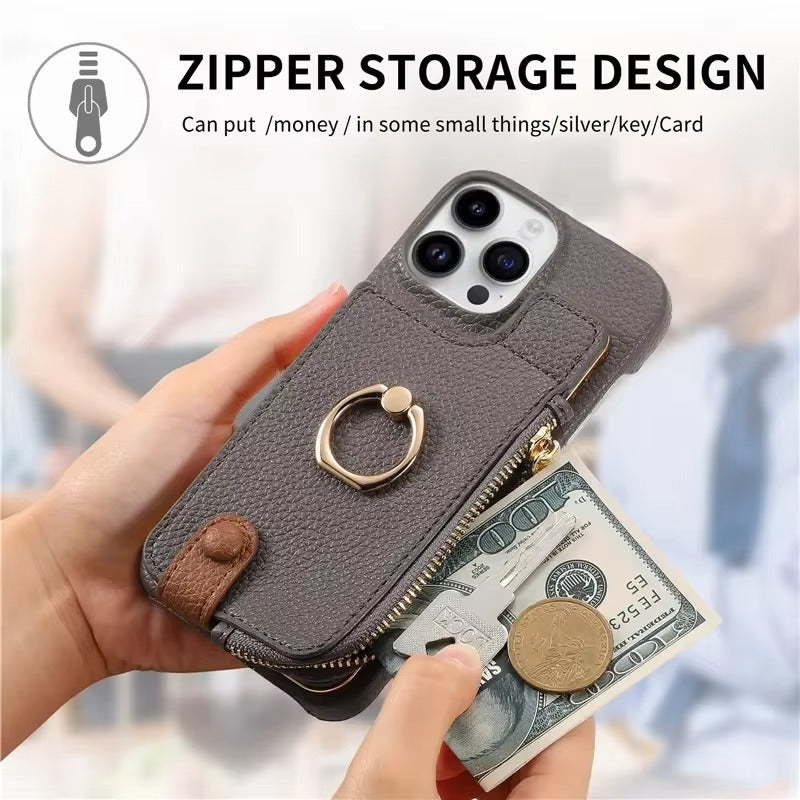 Luxury iPhone Case — Leather Zipper Wallet Cover with Card Holder Slot, Ring Kickstand, Magnetic Closure, Shockproof Drop Protection and Anti-Fingerprint Design