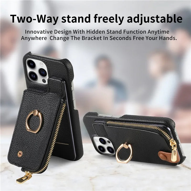 Luxury iPhone Case — Leather Zipper Wallet Cover with Card Holder Slot, Ring Kickstand, Magnetic Closure, Shockproof Drop Protection and Anti-Fingerprint Design