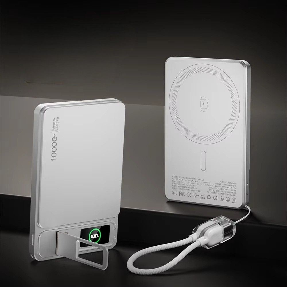 Elite iPhone 3-in-1 Magnetic Wireless Power Bank, 20W Fast-Charge Slim Portable Battery with Built-In Stand, Digital Display & Watch Support