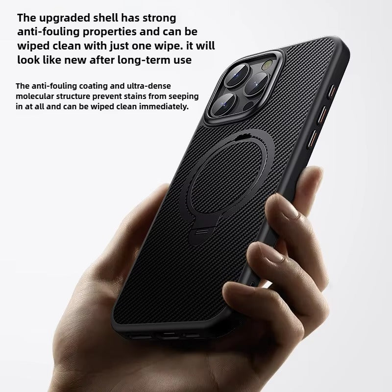 Elite iPhone Case — MagSafe Carbon-Fiber Aramid Style Cover with 360° Ring Stand, Shockproof Airbag Corners and Magnetic Mount Support