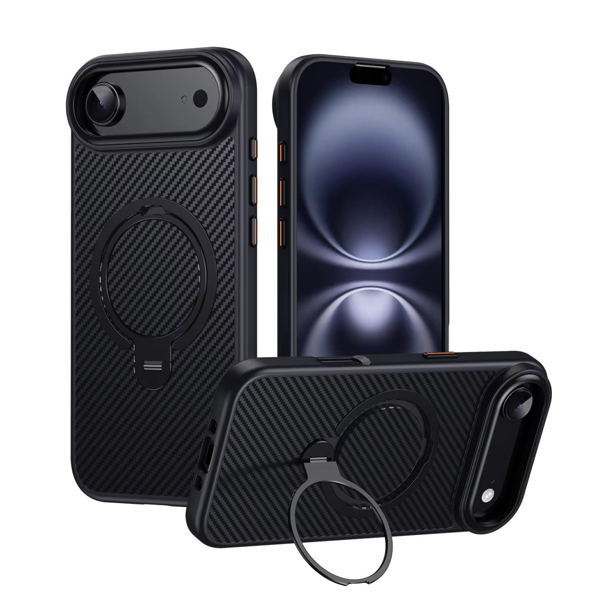 Elite iPhone Case — MagSafe Carbon-Fiber Aramid Style Cover with 360° Ring Stand, Shockproof Airbag Corners and Magnetic Mount Support