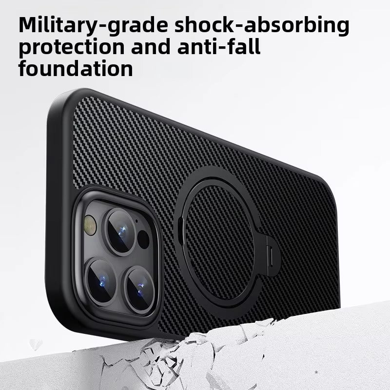 Elite iPhone Case — MagSafe Carbon-Fiber Aramid Style Cover with 360° Ring Stand, Shockproof Airbag Corners and Magnetic Mount Support