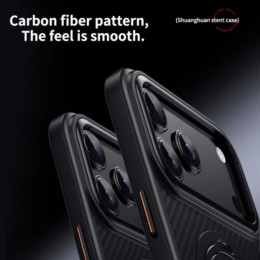 Elite iPhone Case — MagSafe Carbon-Fiber Aramid Style Cover with 360° Ring Stand, Shockproof Airbag Corners and Magnetic Mount Support