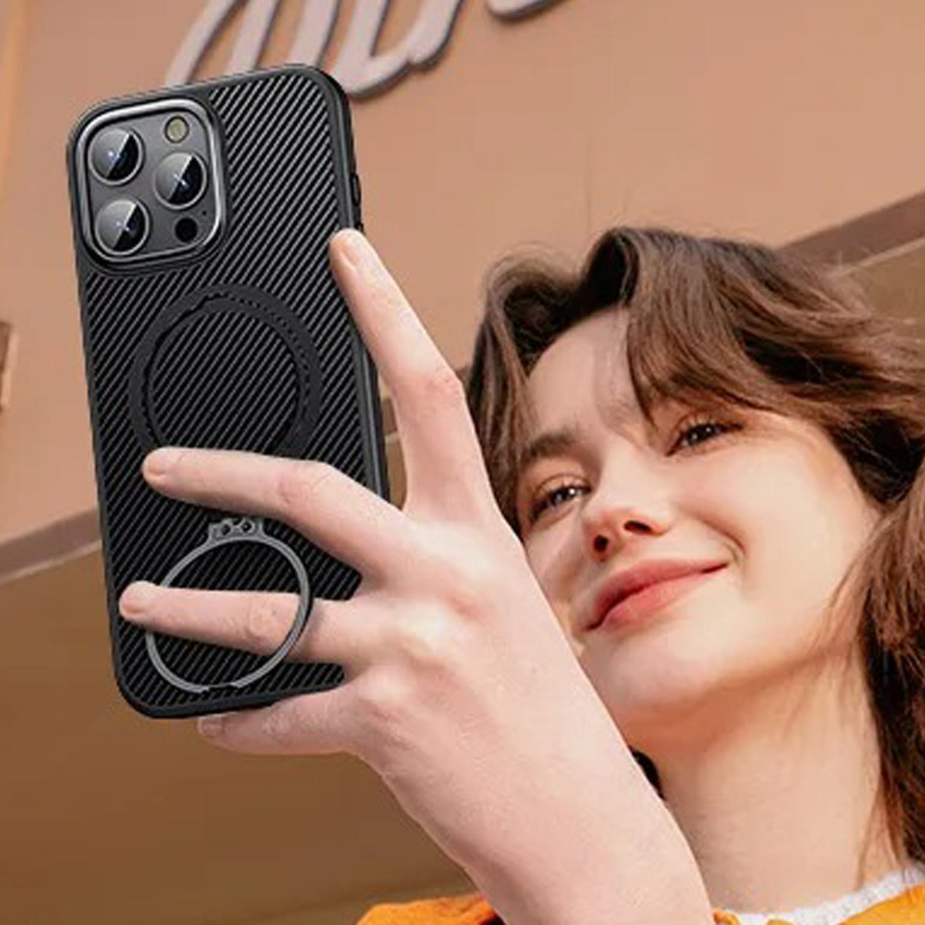 Elite iPhone Case — MagSafe Carbon-Fiber Aramid Style Cover with 360° Ring Stand, Shockproof Airbag Corners and Magnetic Mount Support