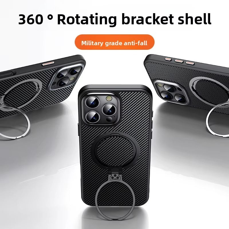 Elite iPhone Case — MagSafe Carbon-Fiber Aramid Style Cover with 360° Ring Stand, Shockproof Airbag Corners and Magnetic Mount Support