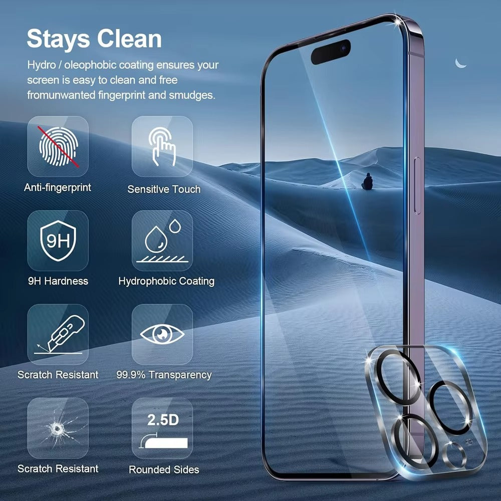 Elite iPhone HD Screen & Camera Lens Protector – Tempered Glass Display Shield with Scratch-Resistant, Shatter-Protective Clarity for Front Screen and Lens
