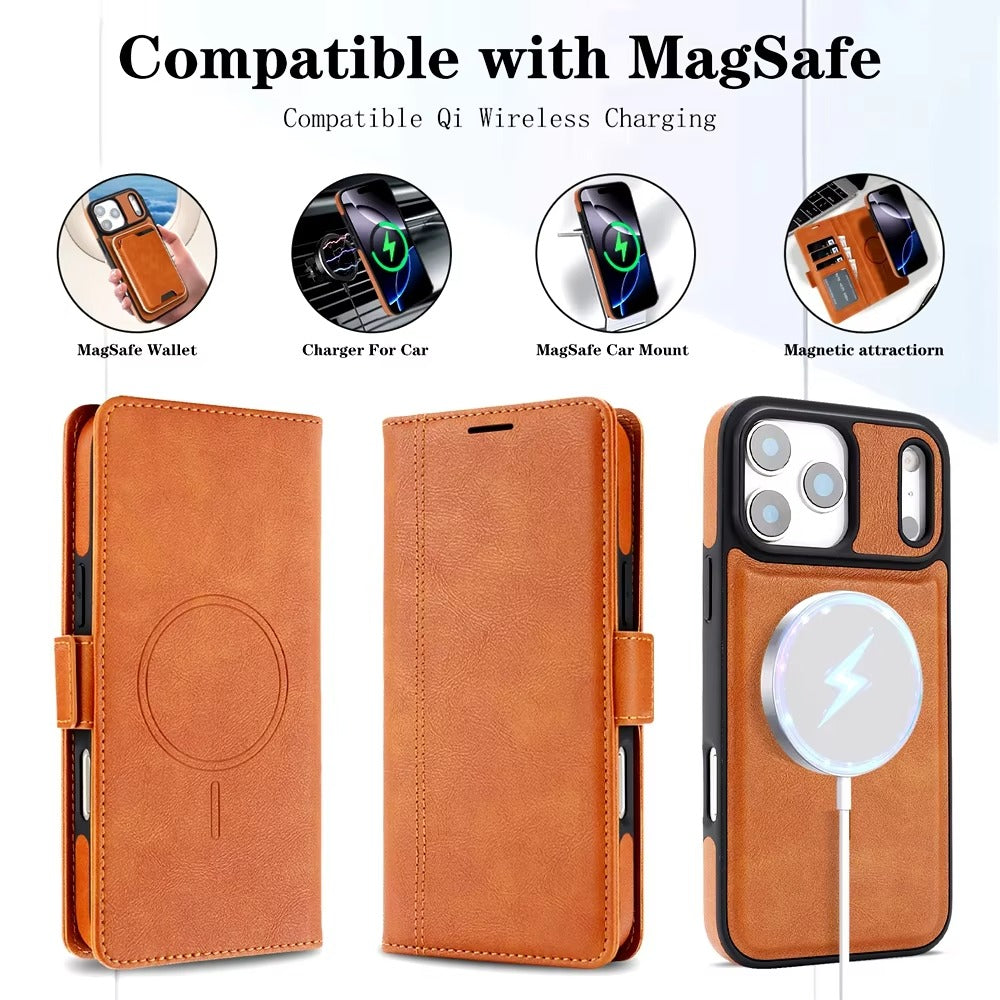 Elite iPhone Magnetic Leather Wallet Case, MagSafe-Compatible Flip Card Holder with Dual-Layer Shock Protection & Matte Finish