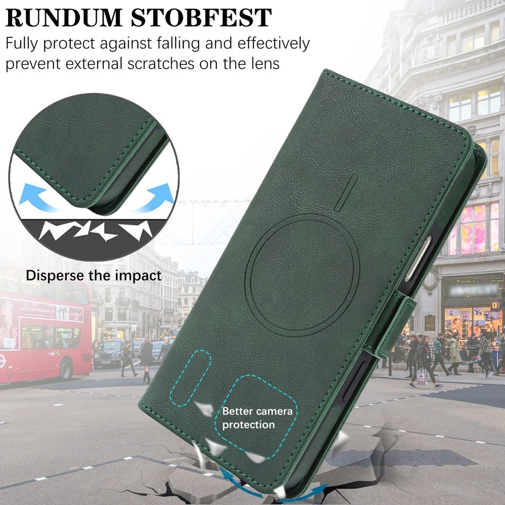 Elite iPhone Magnetic Leather Wallet Case, MagSafe-Compatible Flip Card Holder with Dual-Layer Shock Protection & Matte Finish