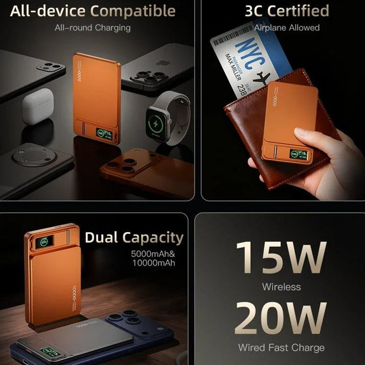 Elite iPhone Magnetic Wireless Power Bank, Fast-Charge Portable Battery with Digital Display and Metal Shell Design