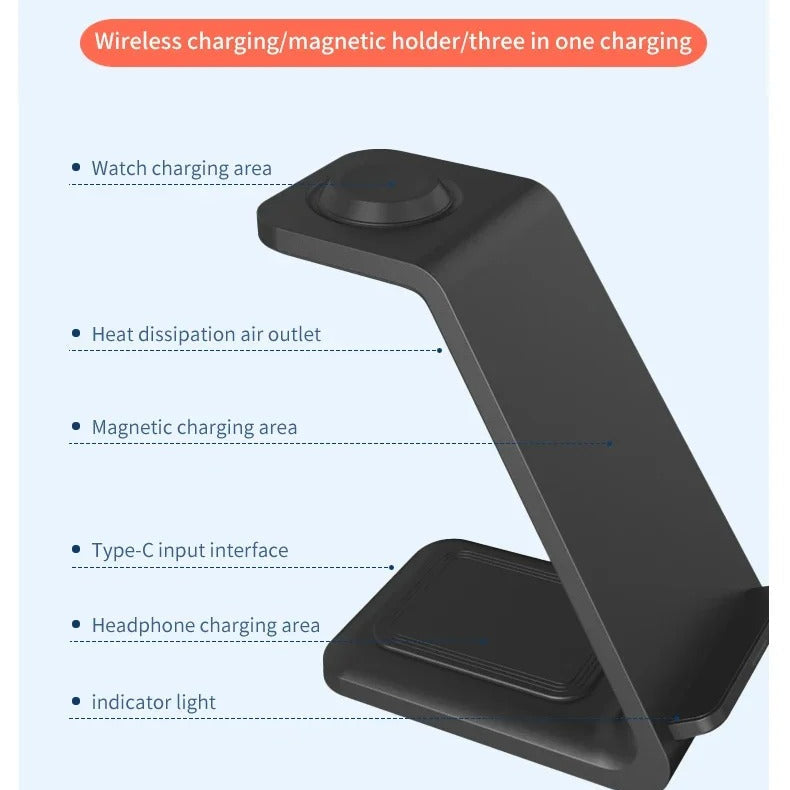 High-Quality 3-in-1 Wireless Charging Station Stand, 30W Fast-Charge Dock for Phones, Smart Watches & Earbuds with Charging Indicator