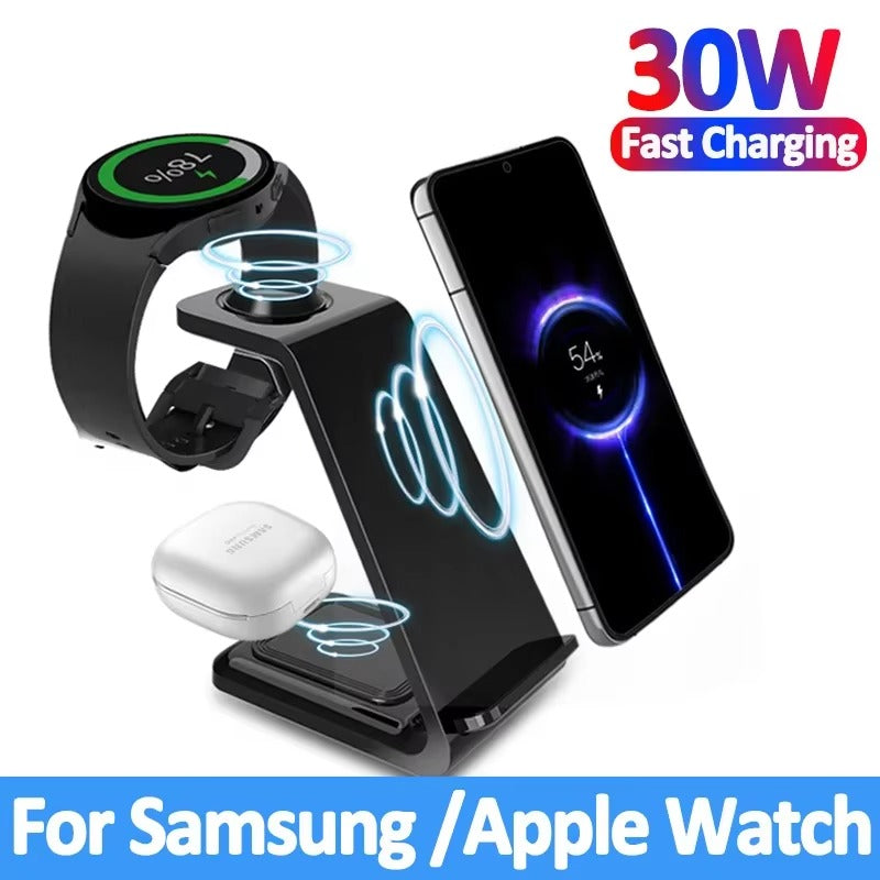 High-Quality 3-in-1 Wireless Charging Station Stand, 30W Fast-Charge Dock for Phones, Smart Watches & Earbuds with Charging Indicator