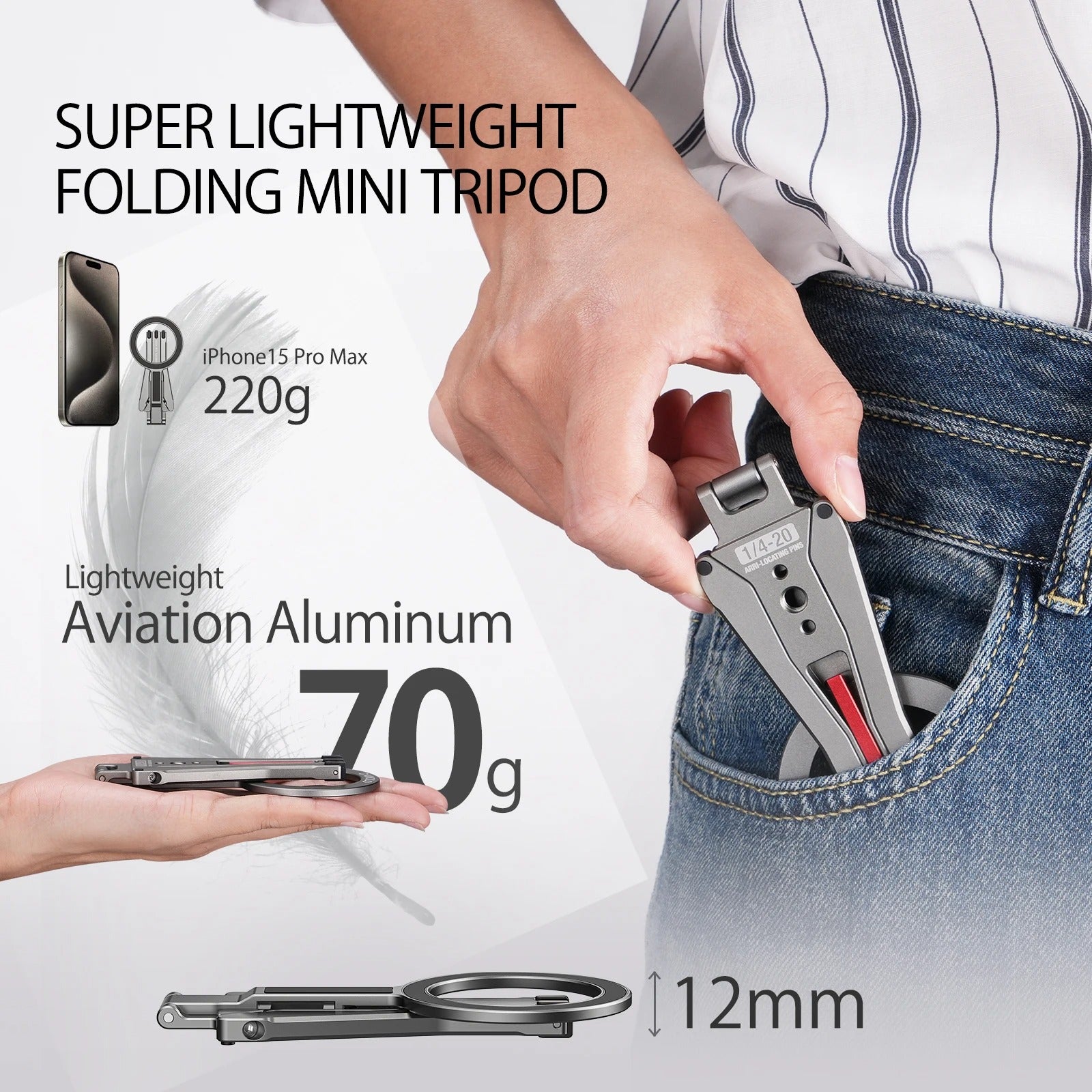 High-Quality MagSafe Pocket Phone Tripod, Foldable Magnetic Stand with Ring Grip, Cold Shoe Mount & 1/4″ Screw Adapter