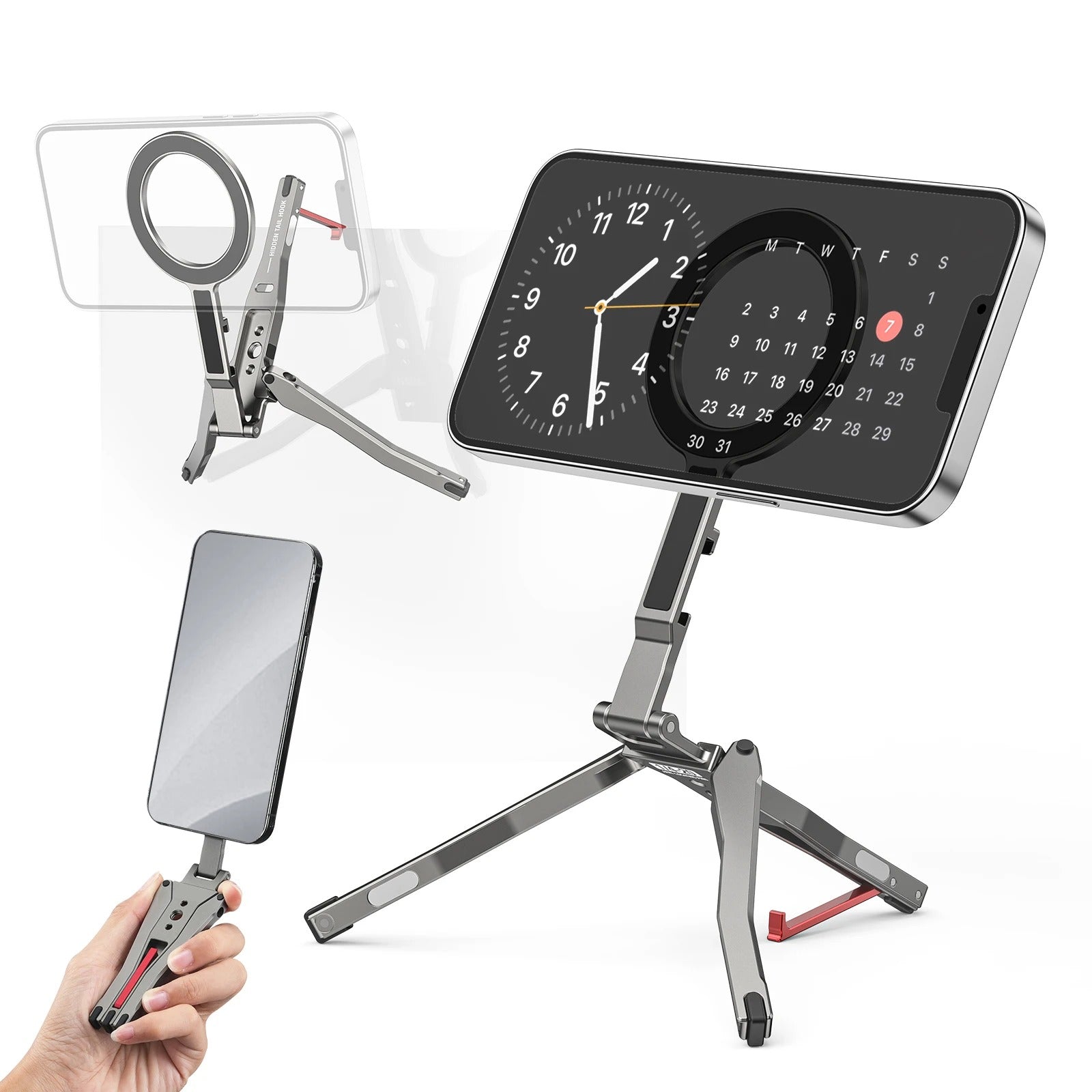 High-Quality MagSafe Pocket Phone Tripod, Foldable Magnetic Stand with Ring Grip, Cold Shoe Mount & 1/4″ Screw Adapter