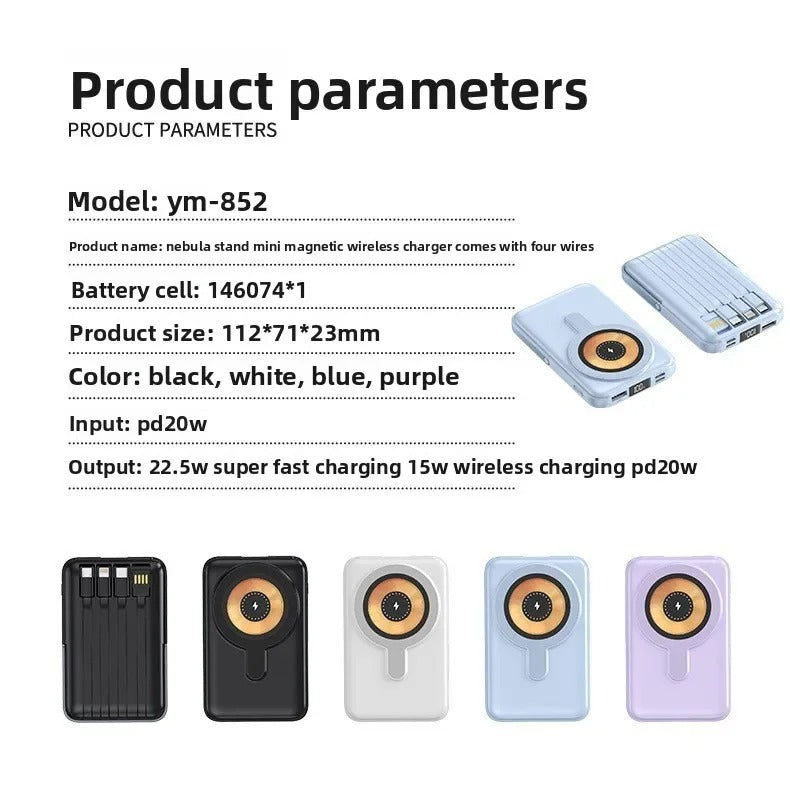 High-Quality Magnetic Wireless Power Bank, 22.5W Fast-Charge Portable Battery with Built-In Cable, Integrated Stand & Large Capacity
