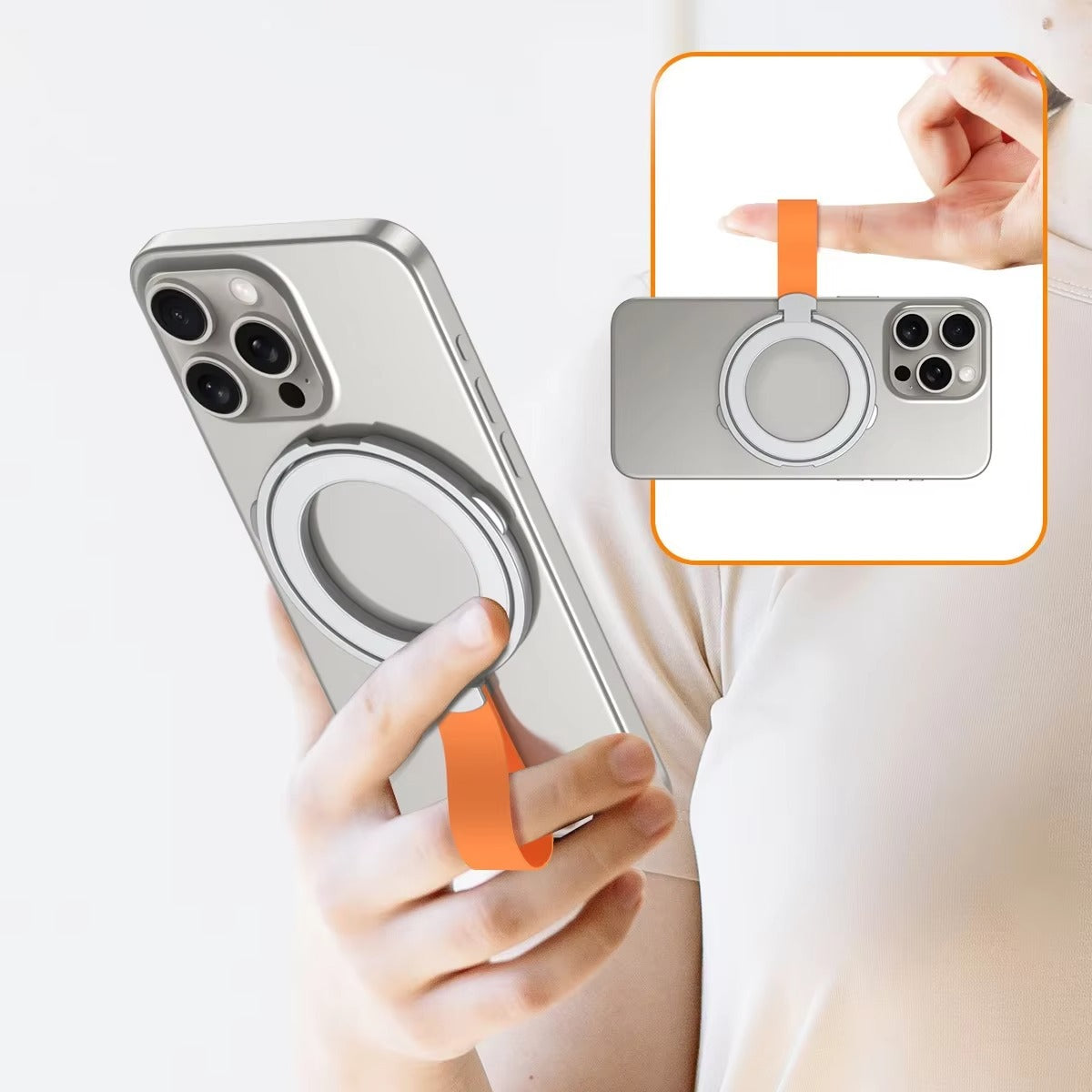 High-Quality iPhone Magnetic Phone Grip Stand, Universal Finger Ring Holder with Hand Strap, Secure MagSafe Hold for Car & Desk Use