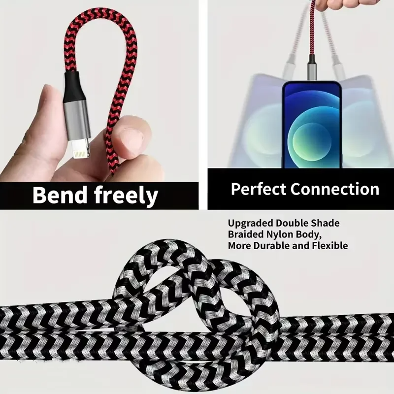 High-Quality iPhone USB-A to Lightning Charging Cable, 12W Fast-Charge Nylon Braided Data Cable with Durable 2.4A Output