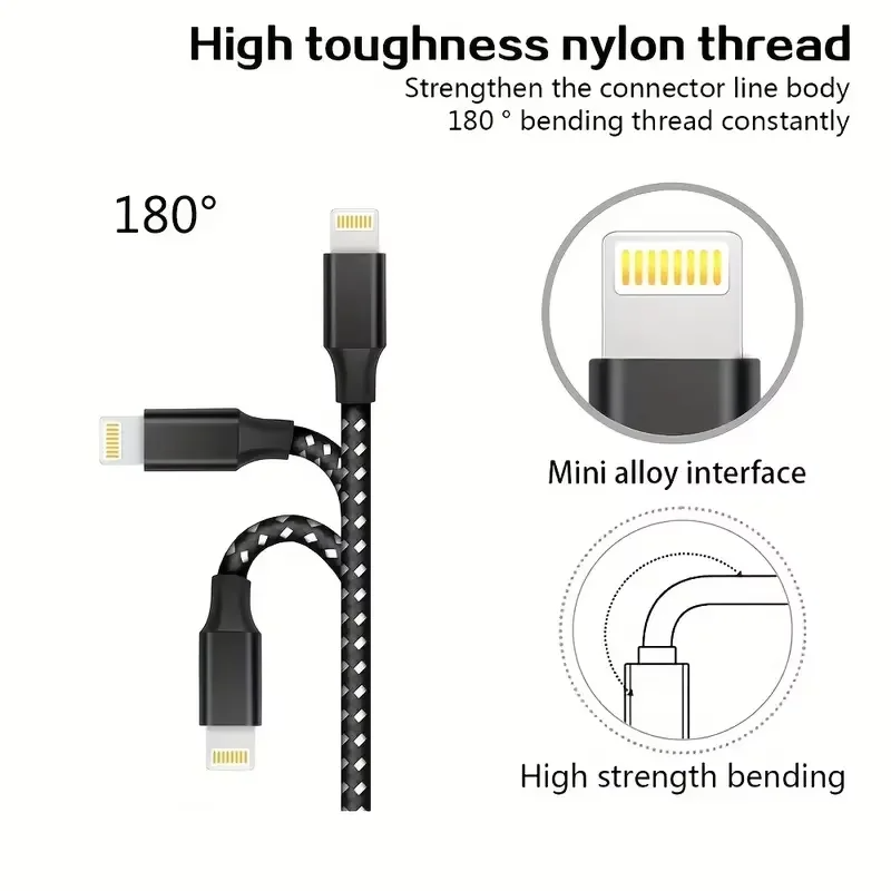 High-Quality iPhone USB-A to Lightning Charging Cable, 12W Fast-Charge Nylon Braided Data Cable with Durable 2.4A Output