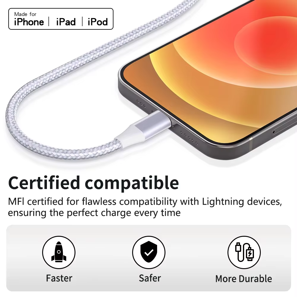 High-Quality iPhone USB-A to Lightning Charging Cable, 12W Fast-Charge Nylon Braided Data Cable with Durable 2.4A Output