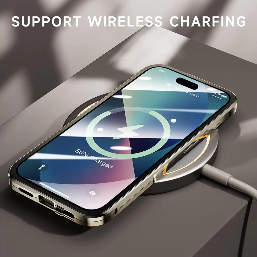 Luxury iPhone Case — 360° Full Protection Double-Sided Magnetic Glass with Aluminum Alloy Frame, Snap-Lock Bumper Cover, Shockproof, Anti-Scratch Design