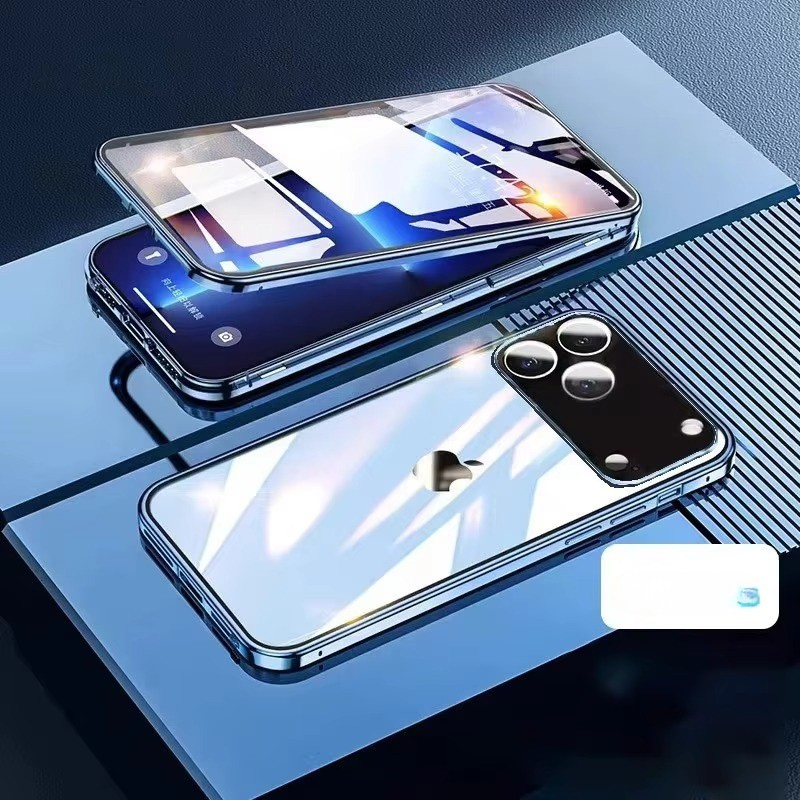 Luxury iPhone Case — 360° Full Protection Double-Sided Magnetic Glass with Aluminum Alloy Frame, Snap-Lock Bumper Cover, Shockproof, Anti-Scratch Design