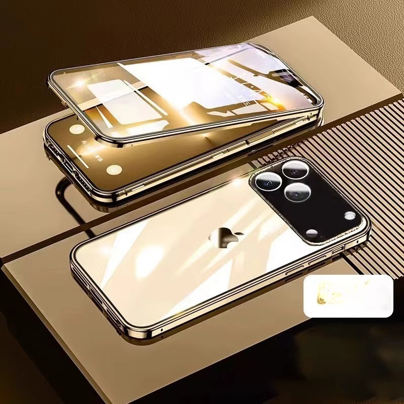 Luxury iPhone Case — 360° Full Protection Double-Sided Magnetic Glass with Aluminum Alloy Frame, Snap-Lock Bumper Cover, Shockproof, Anti-Scratch Design