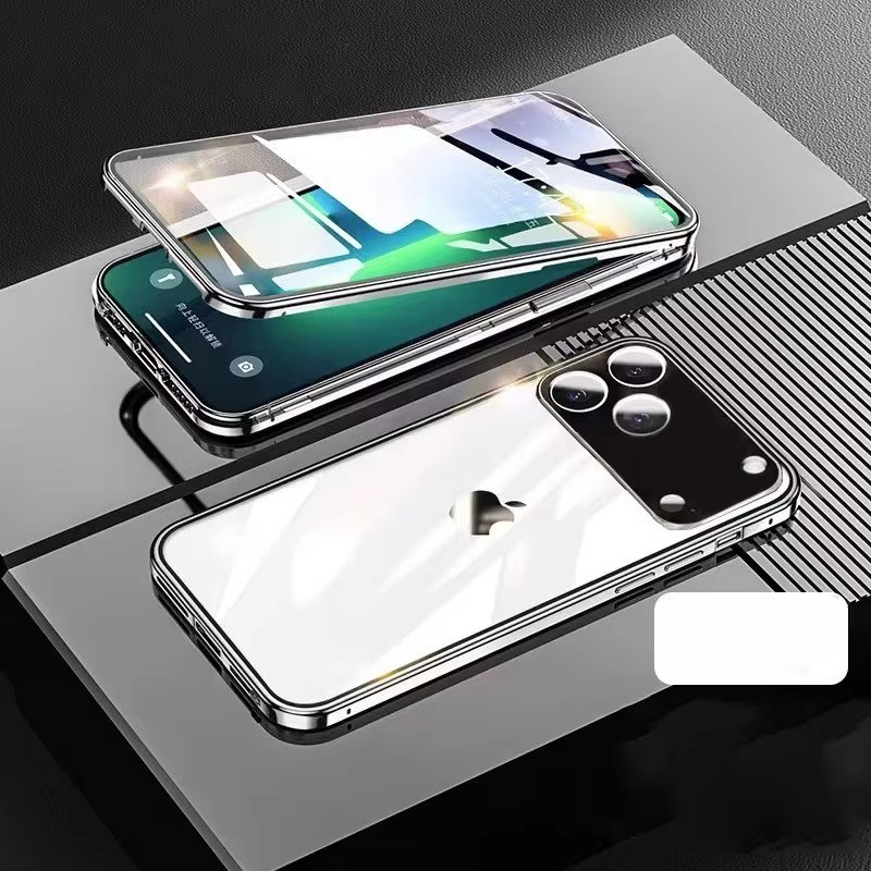 Luxury iPhone Case — 360° Full Protection Double-Sided Magnetic Glass with Aluminum Alloy Frame, Snap-Lock Bumper Cover, Shockproof, Anti-Scratch Design