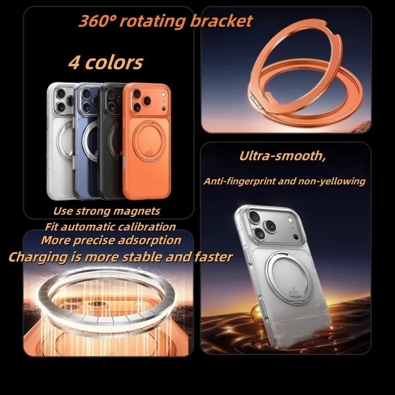 Luxury iPhone Case — 360° Rotating Magnetic MagSafe Compatible PC+Metal Half-Wrapped Cover with Stand Holder, Shockproof, Anti-Fingerprint, Non-Slip Design