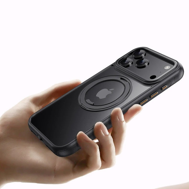 Luxury iPhone Case — 360° Rotating Magnetic MagSafe Compatible PC+Metal Half-Wrapped Cover with Stand Holder, Shockproof, Anti-Fingerprint, Non-Slip Design
