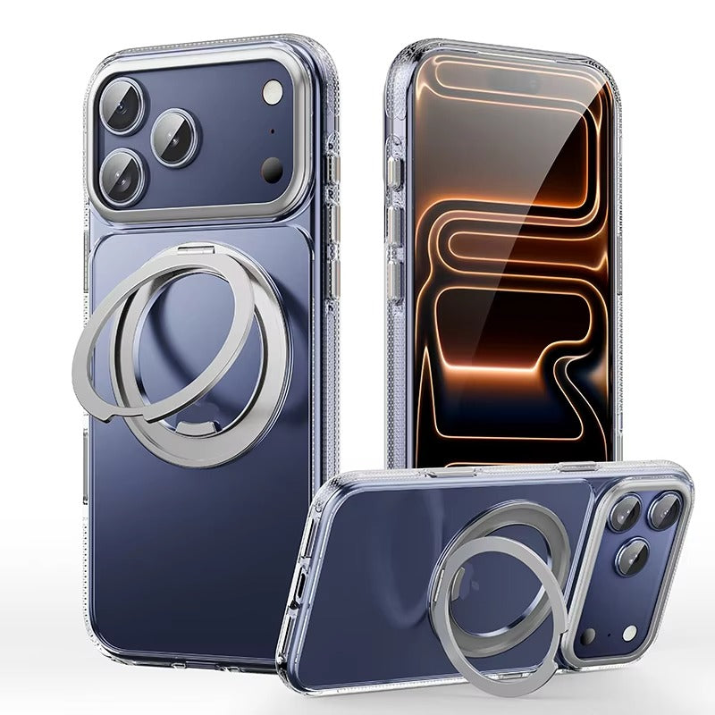 Luxury iPhone Case — 360° Rotating Magnetic MagSafe Compatible PC+Metal Half-Wrapped Cover with Stand Holder, Shockproof, Anti-Fingerprint, Non-Slip Design