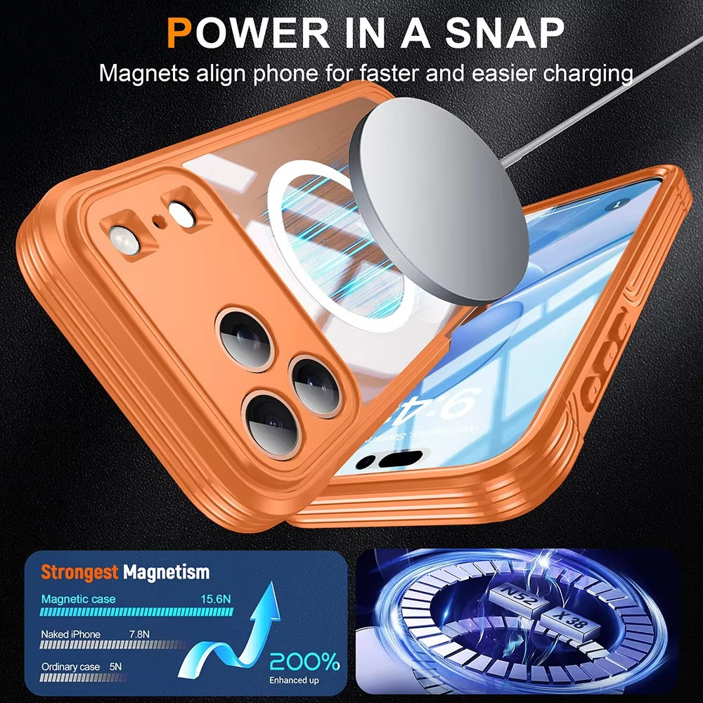 Luxury iPhone Case — 360° Transparent Magnetic Full-Coverage Double-Sided Shockproof TPU Cover, MagSafe Compatible, Wireless-Charging Safe