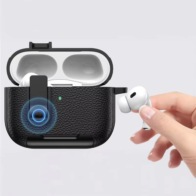 Luxury AirPods Pro 3 Leather-Texture Protective Case with Secure Lock, Invisible Phone Stand, Shockproof Dustproof Design & Wireless Charging Support