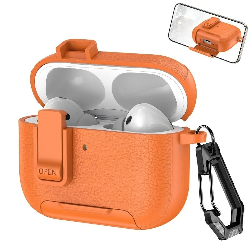 Luxury AirPods Pro 3 Leather-Texture Protective Case with Secure Lock, Invisible Phone Stand, Shockproof Dustproof Design & Wireless Charging Support