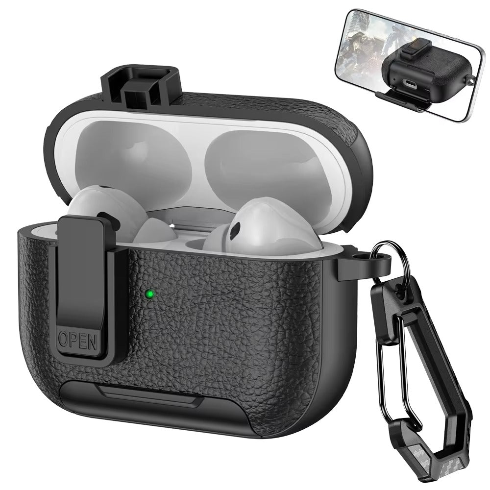 Luxury AirPods Pro 3 Leather-Texture Protective Case with Secure Lock, Invisible Phone Stand, Shockproof Dustproof Design & Wireless Charging Support