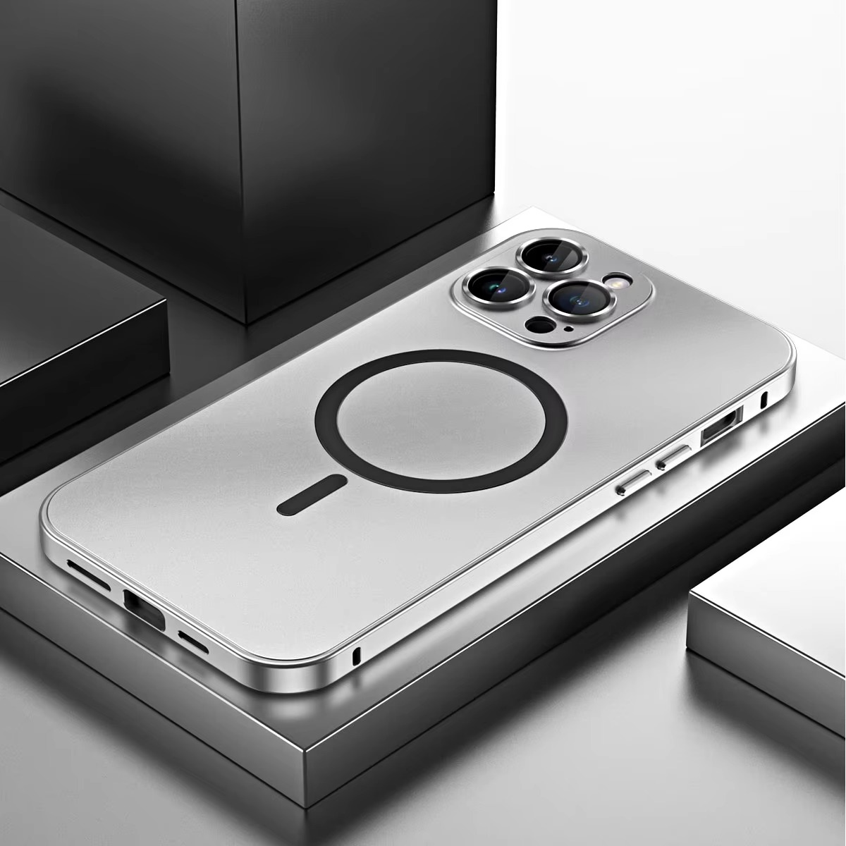 Luxury iPhone Case — Aluminum Alloy Magnetic MagSafe Wireless-Charging Full-Coverage Shockproof Cover with Glass Lens and Matte Anti-Glare Finish
