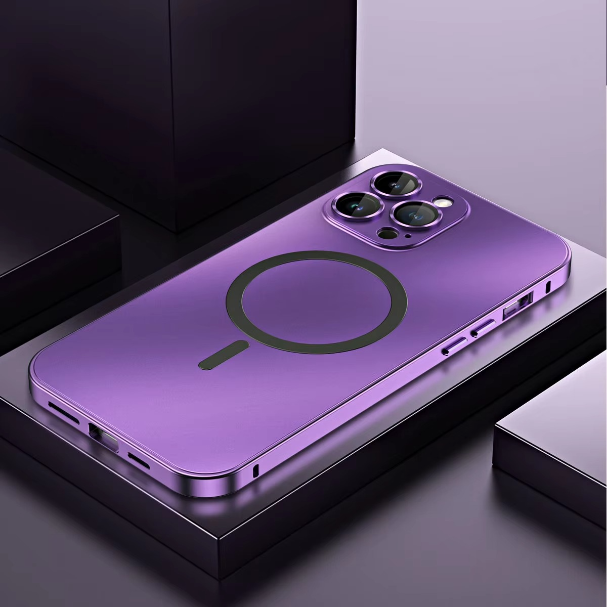 Luxury iPhone Case — Aluminum Alloy Magnetic MagSafe Wireless-Charging Full-Coverage Shockproof Cover with Glass Lens and Matte Anti-Glare Finish