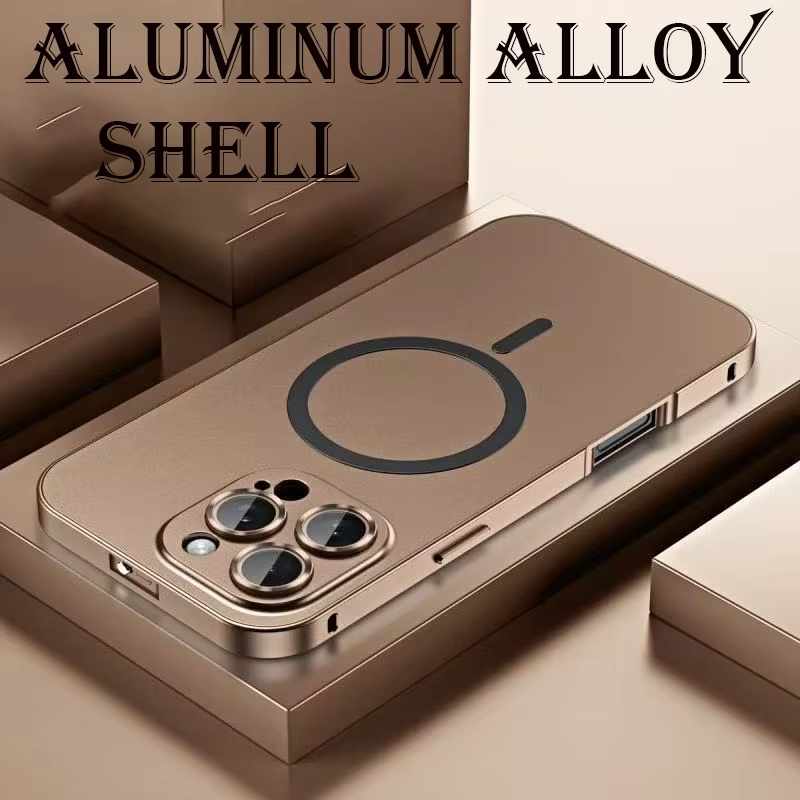 Luxury iPhone Case — Aluminum Alloy Magnetic MagSafe Wireless-Charging Full-Coverage Shockproof Cover with Glass Lens and Matte Anti-Glare Finish