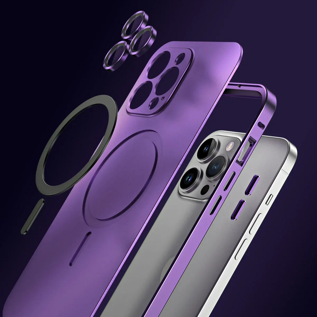 Luxury iPhone Case — Aluminum Alloy Magnetic MagSafe Wireless-Charging Full-Coverage Shockproof Cover with Glass Lens and Matte Anti-Glare Finish