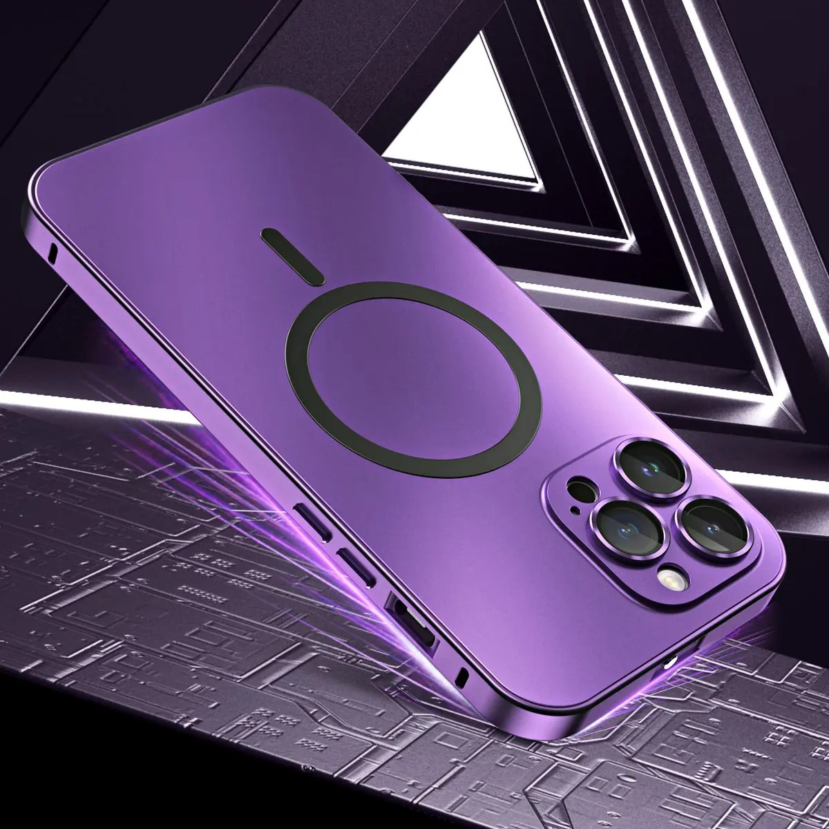 Luxury iPhone Case — Aluminum Alloy Magnetic MagSafe Wireless-Charging Full-Coverage Shockproof Cover with Glass Lens and Matte Anti-Glare Finish