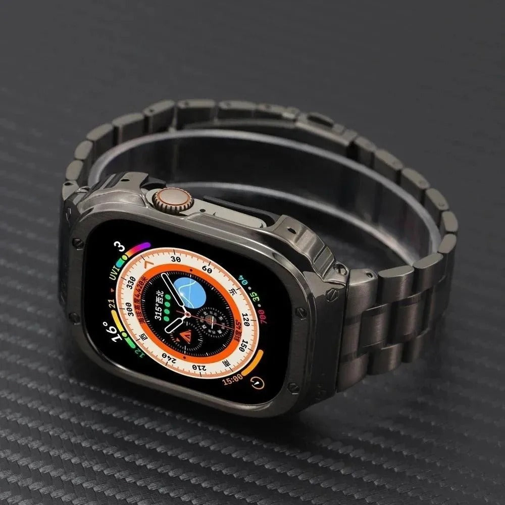 Luxury Apple Watch Stainless Steel Case & Strap with Butterfly Buckle – Full Metal Protective Design