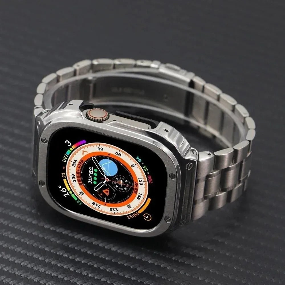 Luxury Apple Watch Stainless Steel Case & Strap with Butterfly Buckle – Full Metal Protective Design
