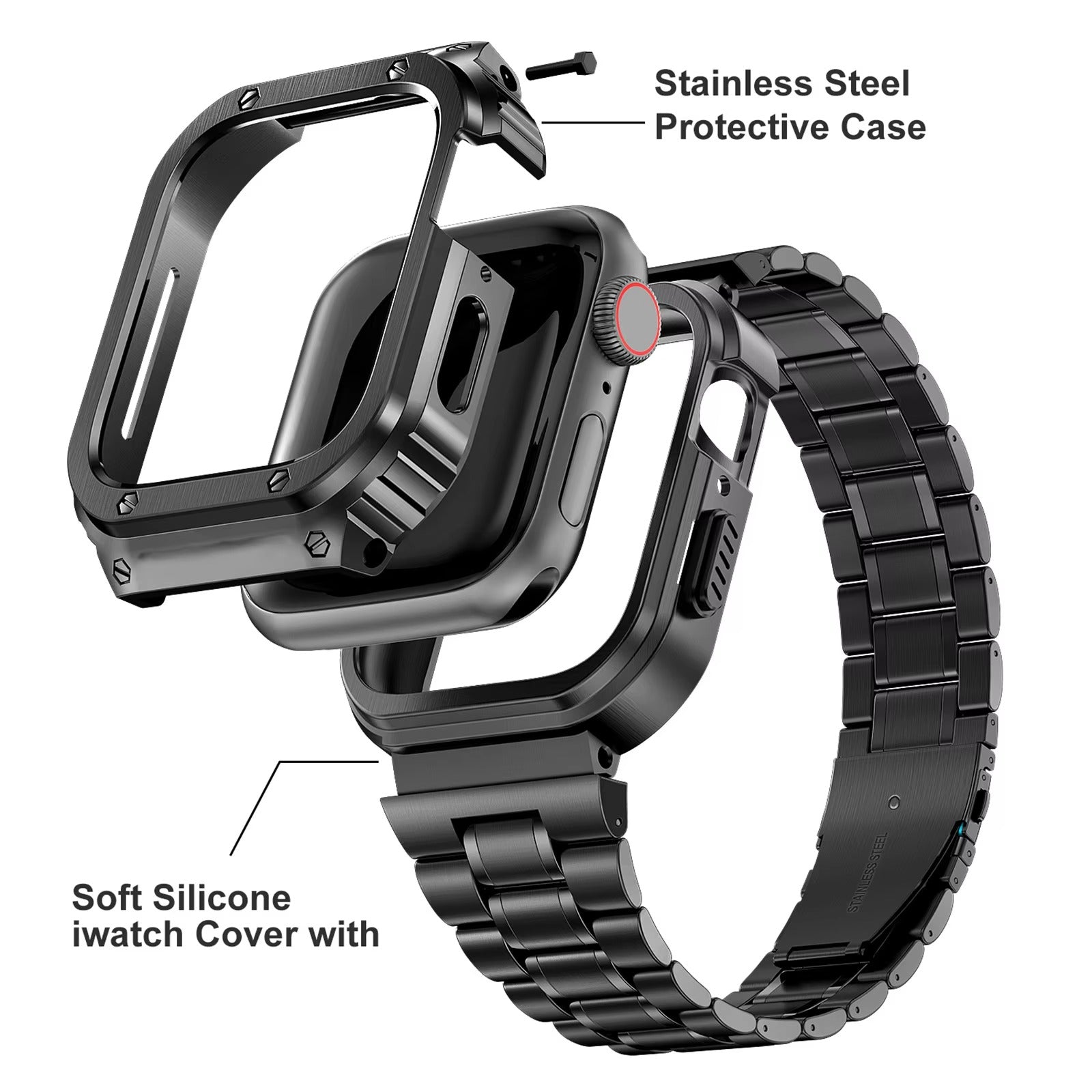 Luxury Apple Watch Stainless Steel Case & Strap with Butterfly Buckle – Full Metal Protective Design