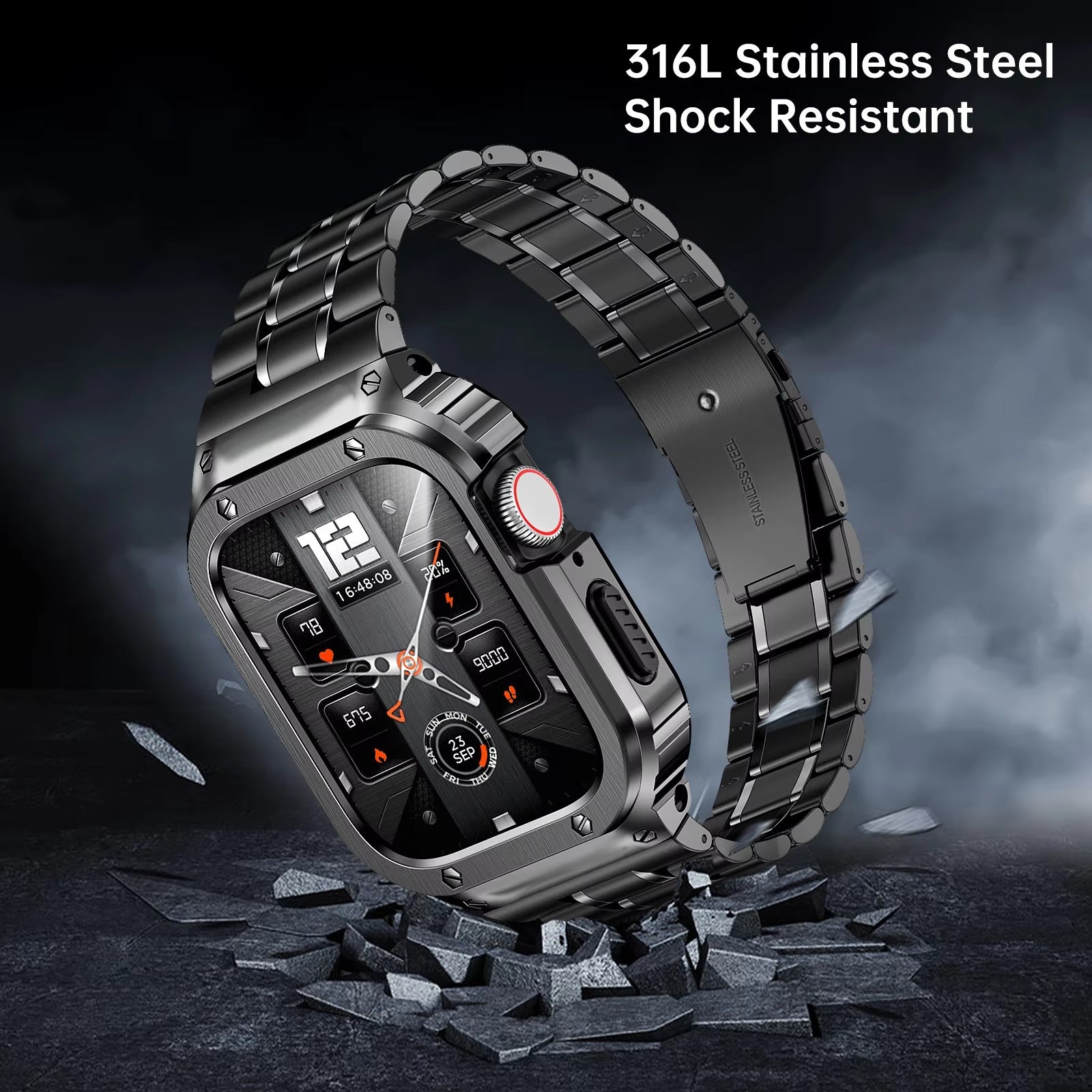 Luxury Apple Watch Stainless Steel Case & Strap with Butterfly Buckle – Full Metal Protective Design