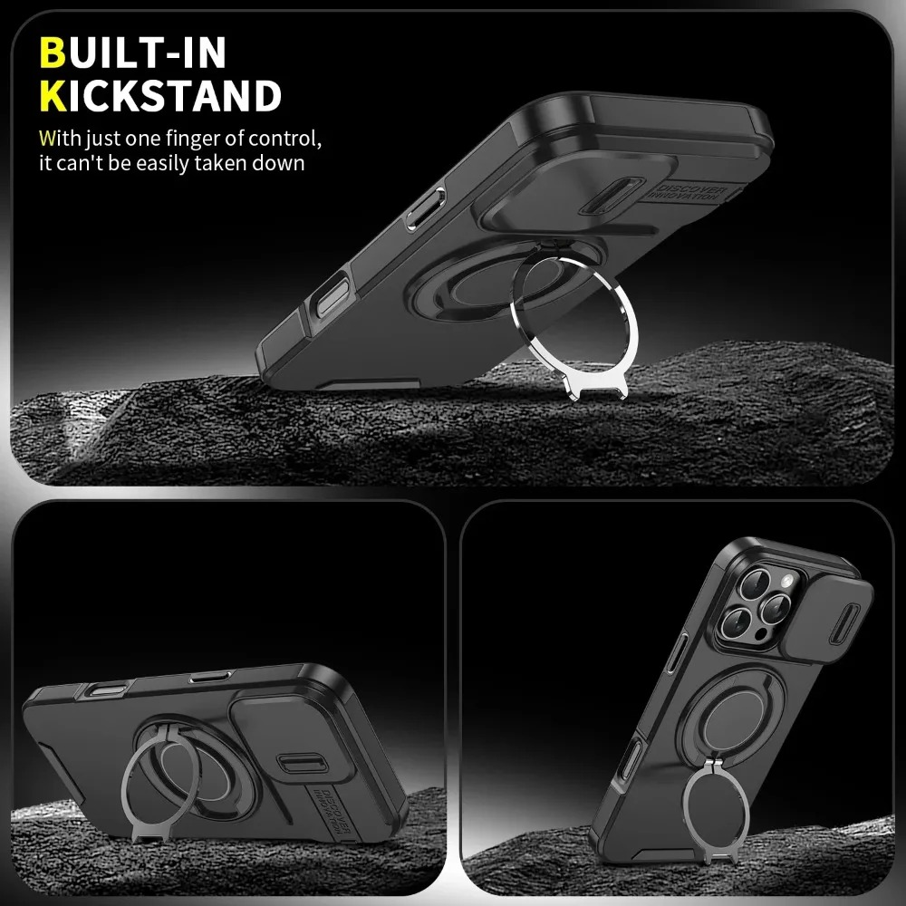 Luxury iPhone Case — Heavy-Duty Rugged Armor Magnetic Bracket with Shockproof PC Cover, Anti-Fingerprint, Anti-Scratch Protection