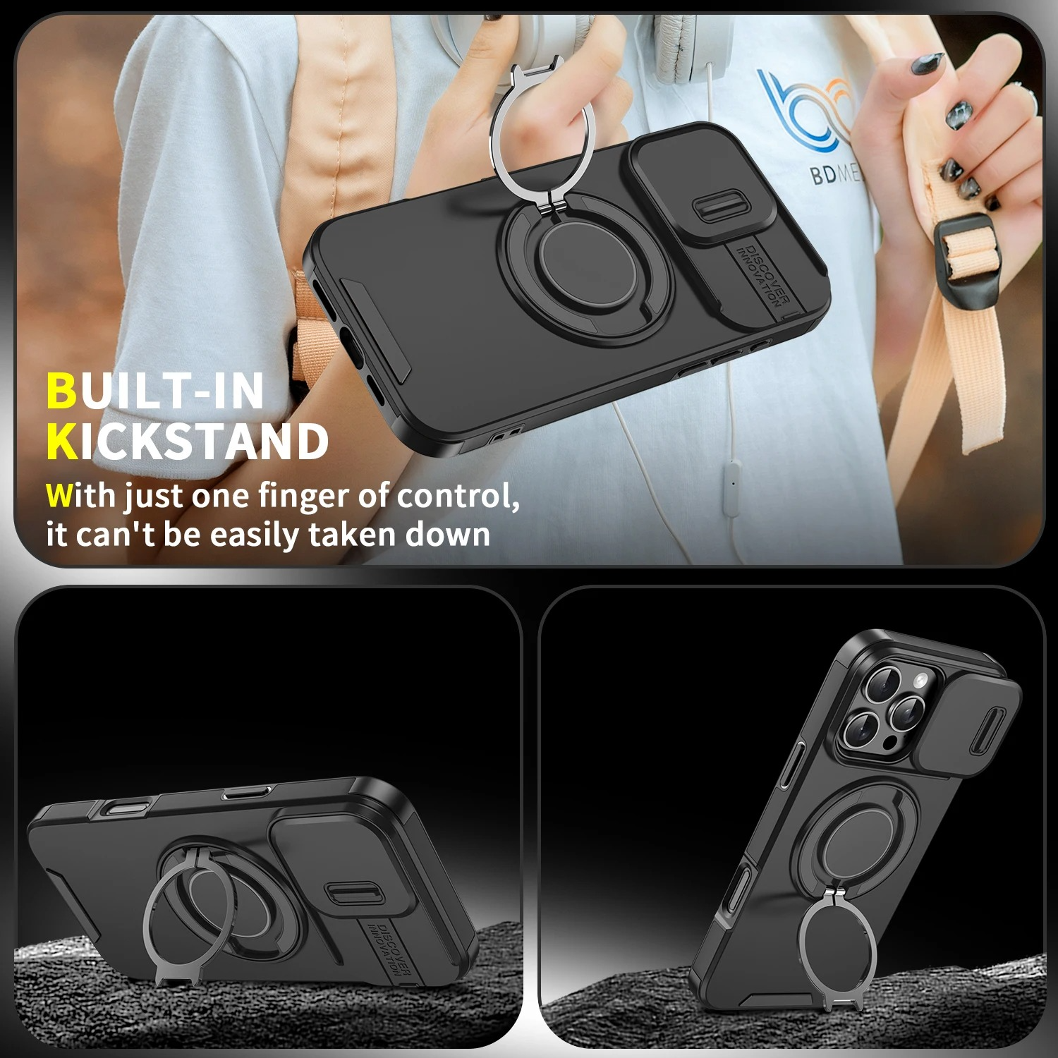 Luxury iPhone Case — Heavy-Duty Rugged Magnetic Bracket Armor with Slide Camera Protection, PC+TPU Shockproof Design, Anti-Fingerprint, Non-Slip